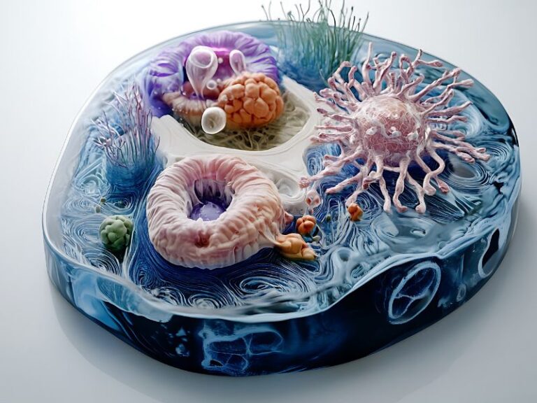 Künstlerische Darstellung einer menschlichen Zelle, die visualisiert, wie man biologisch Mitochondrien stärken kann.