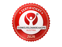 Rotes Siegel für zertifizierte Dunkelfeldmikroskopie Austria 2026 - fundierte Diagnostik in der Naturheilkunde Wien.