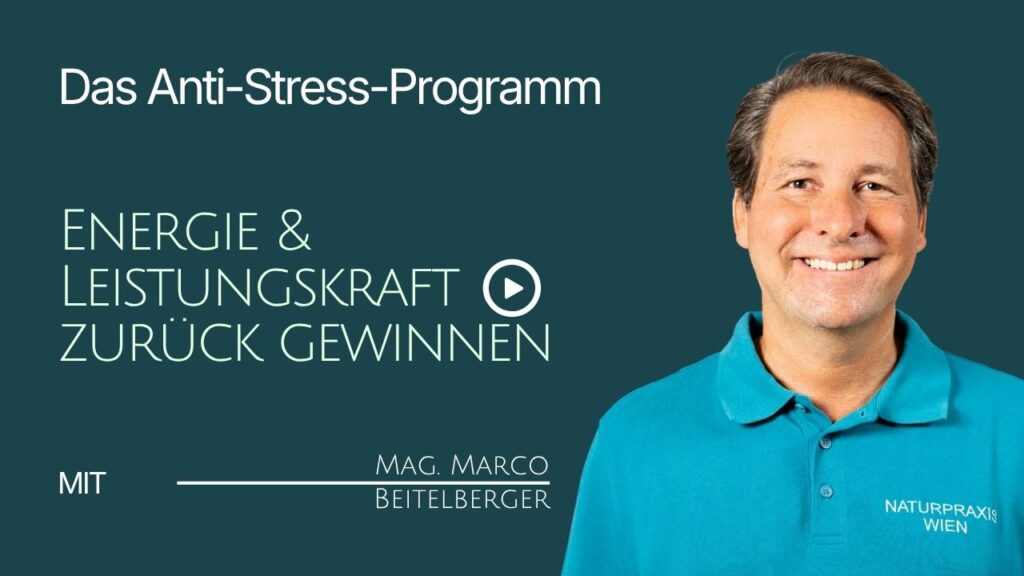 Dunkeltürkises Vorschaubild mit dem Text "Das Anti-Stress-Programm" und einem Play-Button. Rechts im Bild lächelt Mag. pharm. Marco Beitelberger im blauen Poloshirt, Experte für Naturheilkunde in Wien.