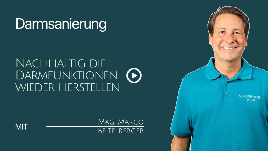 Dunkeltürkises Vorschaubild mit dem Text "Darmsanierung" und einem runden Play-Button. Rechts lächelt Mag. Marco Beitelberger, Experte für Naturheilkunde in Wien, in einem blauen Poloshirt in die Kamera.